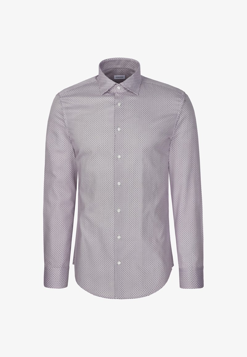Chemise homme à manches longues avec un petit motif géométrique sombre sur tissu gris clair, col classique et boutons blancs.