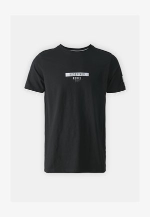 Black cotton t-shirt featuring a crew neckline, short sleeves, and front graphic text "REDEFINED REBEL EST. 2010" in white and silver.