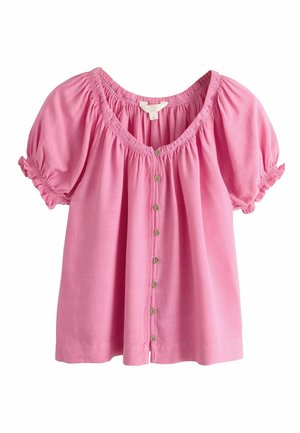 Rosa Bluse mit kurzen Ärmeln, gerafftem Ausschnitt und Ärmeln, vorderem Knopfverschluss und lockerer Passform.