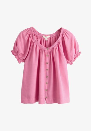 Rosa Bluse mit kurzen Ärmeln, gerafftem Ausschnitt und Ärmeln, vorderem Knopfverschluss und lockerer Passform.