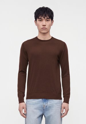 Jeune homme aux cheveux noirs portant un pull marron uni à manches longues et un jean bleu clair, debout sur un fond blanc.