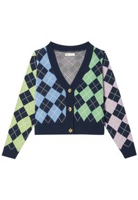 Námořnický cardigan s diagonálním kosočtvercovým vzorem v světle modré, zelené a růžové barvě. Má hluboký výstřih do V a zlaté knoflíky po přední straně.