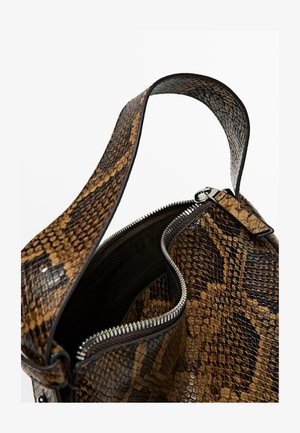 Brown snake-patterned handbag with a textured surface, featuring a zip closure and a sturdy shoulder strap. Interior is lined in dark fabric.