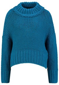 Pull tricoté bleu sarcelle avec un col montant côtelé et une coupe ample. Motif en maille texturée avec des manches larges et un ourlet raccourci.