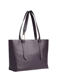 Borsa tote di pelle viola scura con due spallacci piatti, caratterizzata da una texture liscia e un design minimalista. Accentuata da hardware dorato.