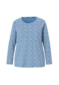 Blusa de manga larga azul con un patrón ondulado, escote redondo y detalle acanalado en el cuello. Fabricada en un tejido suave y texturizado.