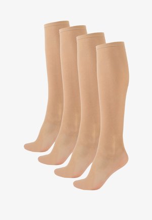 Calze autoreggenti color nudo, realizzate in materiale liscio e trasparente. Presentano una parte superiore a costine e un design aderente alla caviglia. Mostrate quattro paia.