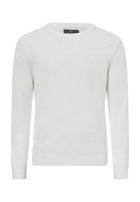 Weißer Strickpullover mit gerippter Textur, Rundhalsausschnitt und langen Ärmeln. Enthält subtile Used-Effekte und schmal geschnittene Bündchen.