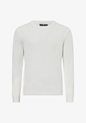 Maglione bianco a maglia con texture a coste, scollo rotondo e maniche lunghe. Include dettagli leggermente rovinati e polsini aderenti.