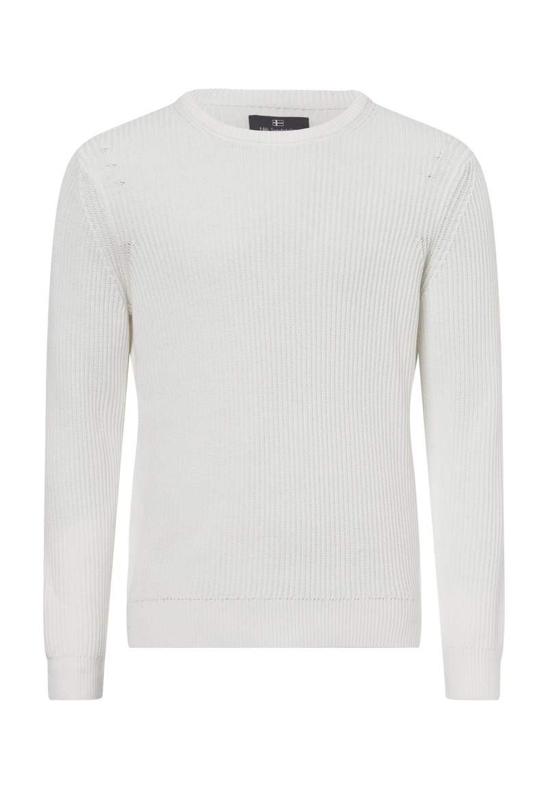 Weißer Strickpullover mit gerippter Textur, Rundhalsausschnitt und langen Ärmeln. Enthält subtile Used-Effekte und schmal geschnittene Bündchen.