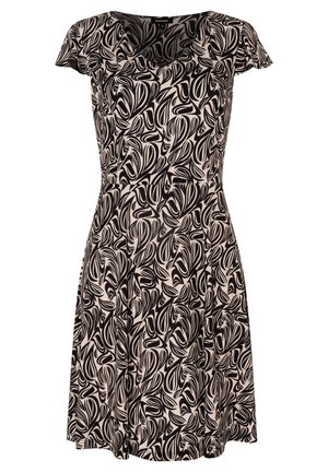 Vestido de manga corta con patrón abstracto de hojas en negro y beige, cintura ajustada, falda acampanada y escote redondo.