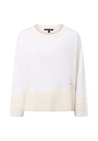 Weißer Pullover mit geripptem unteren Saum und Ärmeln. Verfügt über eine strukturierte Oberfläche, einen runden Ausschnitt und ein kleines Logoschildchen auf der Vorderseite.