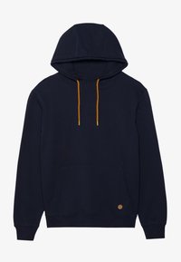 Sudadera azul marino de mezcla de algodón, con un bolsillo frontal, cordones en naranja y un pequeño parche de logo marrón en el dobladillo inferior.
