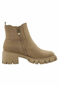 Tan ankle boots made of smooth suede, featuring a side zipper and a chunky, textured sole. Rounded toe and low block heel design.