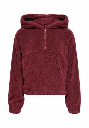 Burgundski polarni pulover s kapuljačom, polu-zip prednjim dijelom, elastičnim manžetama i mekanom, teksturiranom površinom. Skraćeni dizajn s prednjim džepom.