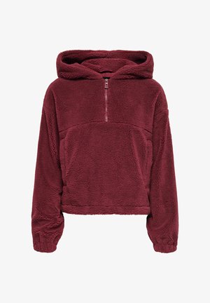 Bordový fleecový pulovr s kapucí, předním zipem do poloviny, elastickými manžetami a měkkým, strukturovaným povrchem. Zkrácený design s přední kapsou.