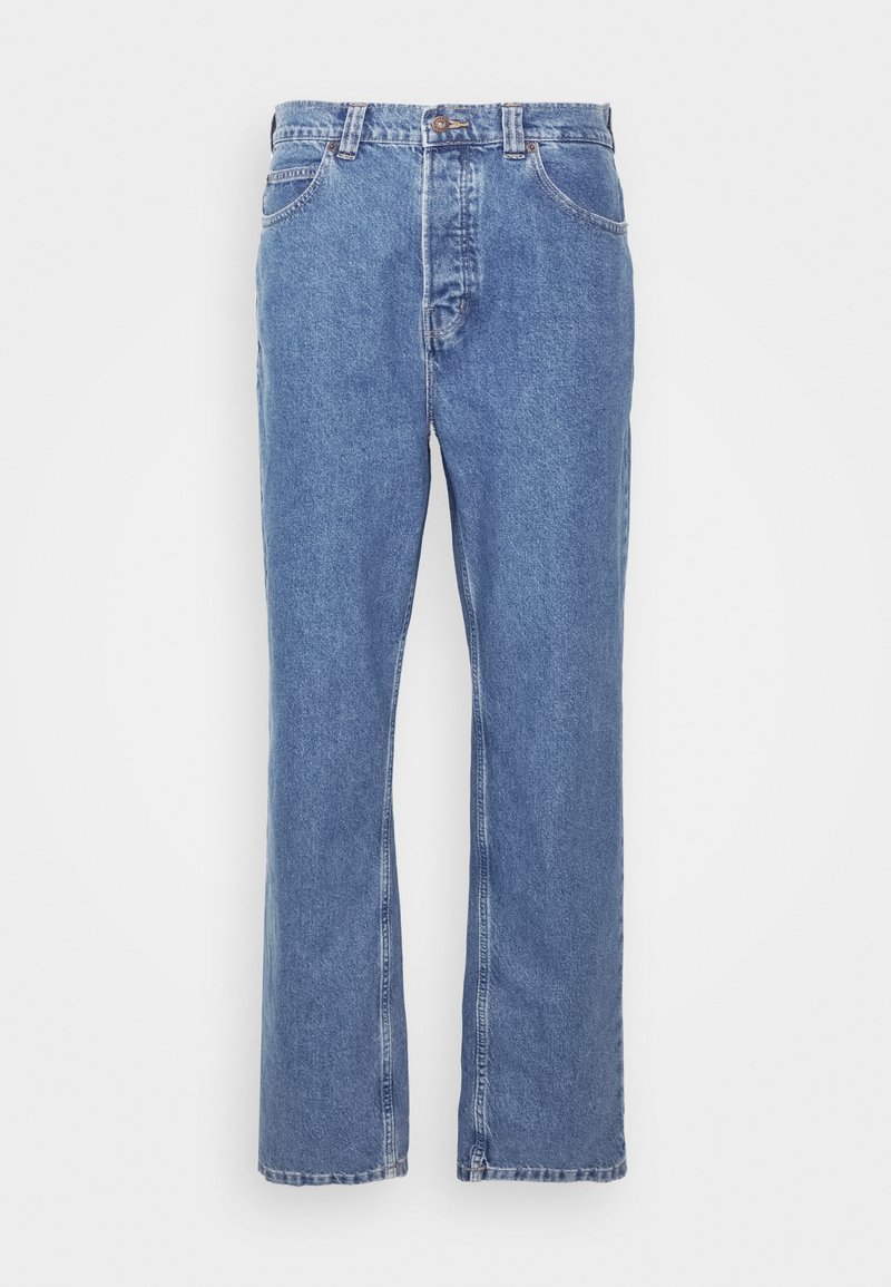 Blauwe denim jeans met een rechte pasvorm, vijf zakken, riemlussen en een knoopsluiting. De stof heeft een zachte, gestructureerde afwerking.
