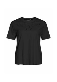 Camiseta negra de manga corta hecha de algodón. Presenta detalles recortados en un patrón floral alrededor del escote. Diseño sencillo y de corte relajado.