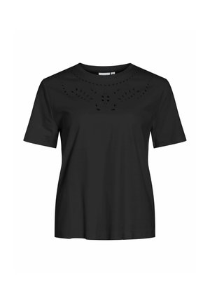 Camiseta negra de manga corta hecha de algodón. Presenta detalles recortados en un patrón floral alrededor del escote. Diseño sencillo y de corte relajado.