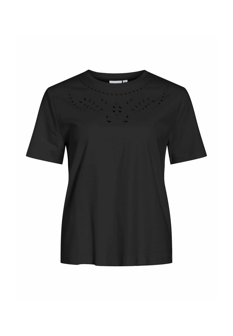 Camiseta negra de manga corta hecha de algodón. Presenta detalles recortados en un patrón floral alrededor del escote. Diseño sencillo y de corte relajado.