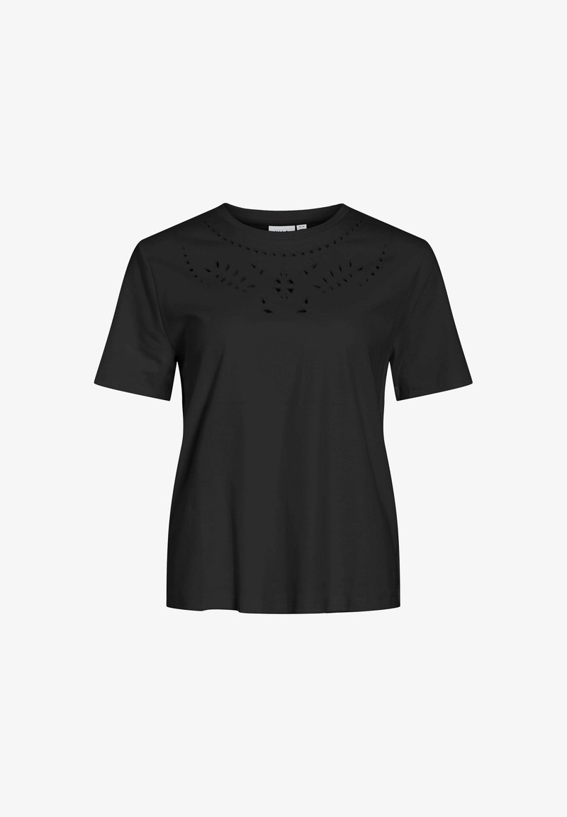 Camiseta negra de manga corta hecha de algodón. Presenta detalles recortados en un patrón floral alrededor del escote. Diseño sencillo y de corte relajado.