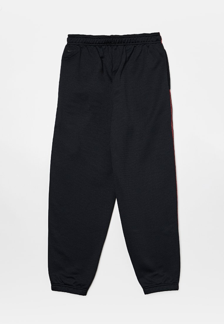 Pantaloni sportivi neri realizzati in tessuto testurizzato, con vita elasticizzata e stripe rosse su ogni gamba.