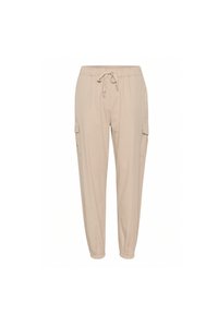 Beige cargobyxor med elastisk midja och dragsko, med sidofickor, smalnade anklar och ett lätt tyg.
