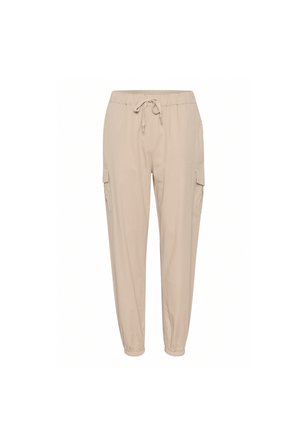 Beige cargo pants with an elastic waistband and drawstring, featuring side pockets, tapered ankles, and a lightweight fabric.