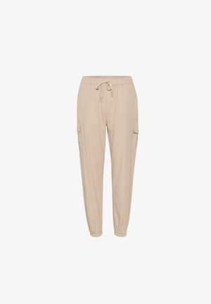 Beige cargo püksid elastse vöökoha ja nööriga, külgtaskutega, kitsenevate säärega ja kergest kangast.
