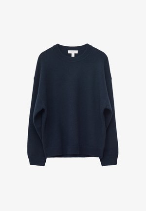Mørkeblå langærmet sweater med rund hals, ribstrikkede manchetter, halskant og kant, vist på en hvid baggrund.