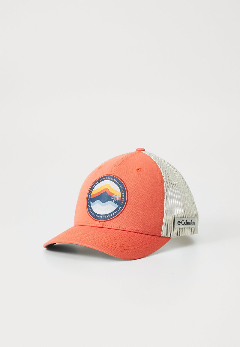 Orange cap with a mesh back, featuring a circular patch design with mountains and water waves in blue, yellow, and white. Brand logo on the side.