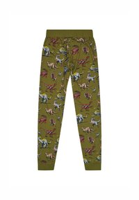 Zielone legginsy z powtarzającym się wzorem dinozaurów w różnych kolorach, charakteryzujące się miękką fakturą i elastycznym pasem dla większej swobody ruchów.