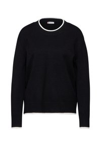 Svart tröja med rund halsringning, ribbade kanter och kontrasterande vita accenter vid kragen och ärmarna. Tillverkad av mjukt, texturerat tyg.