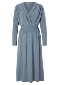 Sukienka midi z długim rękawem w kolorze przybrudzonego niebieskiego, z głębokim dekoltem w kształcie litery V, marszczonym elastycznym paskiem w talii oraz miękkim, zwiewnym materiałem.