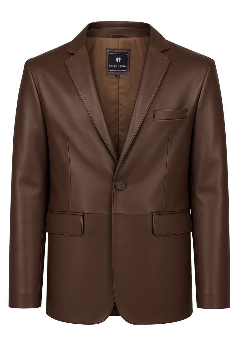 Brauner Kunstleder-Blazer mit einem einzigen Knopfverschluss, Reverskragen, zwei vorderen Taschen und einer eleganten, glatten Textur.