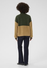 Pullover in pile verde e beige, con colletto alto e maniche lunghe. Abbinato a jeans scuri e scarpe nere con borchie.