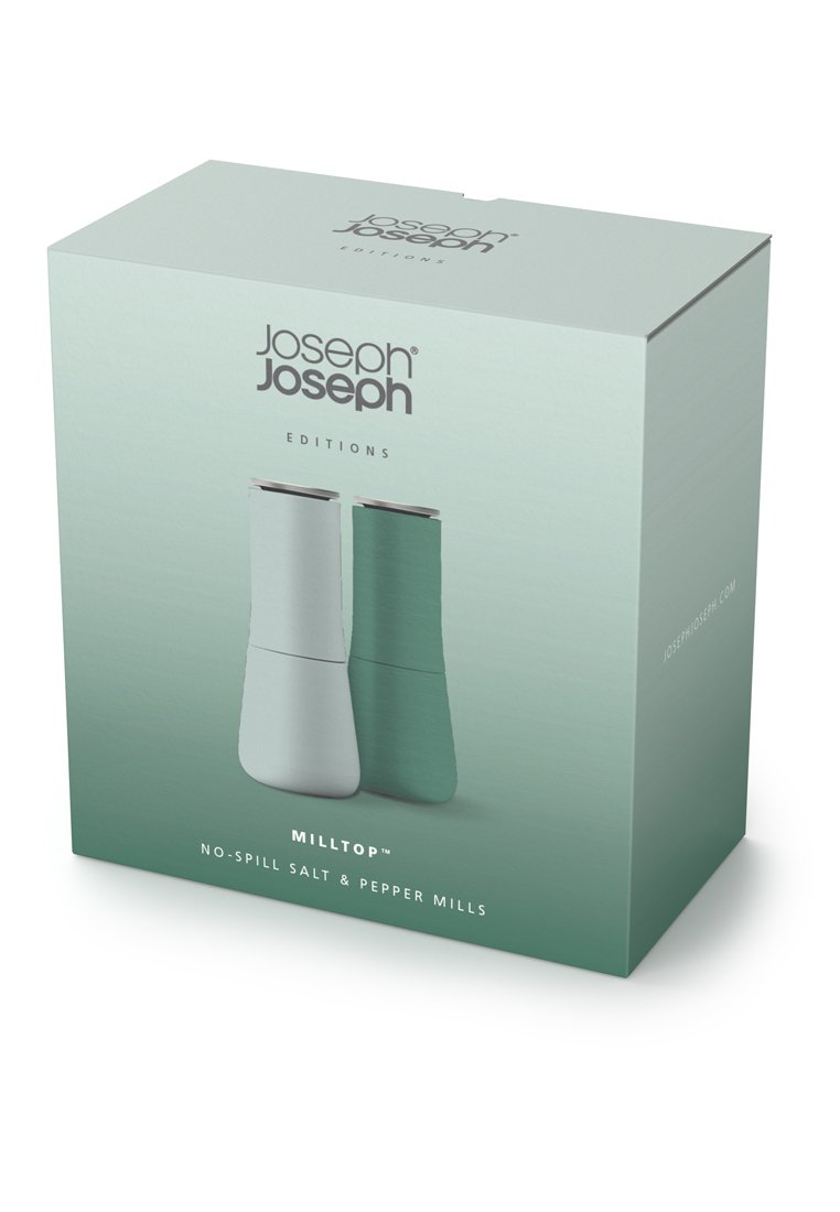 Joseph Joseph Milltop morsvrije zout- en pepermolens, met een ontwerp in wit en groen, voorzien van een gladde, gebogen vorm en metallic accenten.