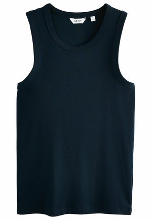 Débardeur côtelé bleu marine avec un col rond, sans manches et une texture douce. Étiquette indiquant "NEXT," taille moyenne.