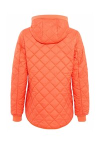 Gevoerd hooded jack in fel oranje, met een diamanten patroon, ribgebreide manchetten en een verlengde achterkant voor extra bedekking.