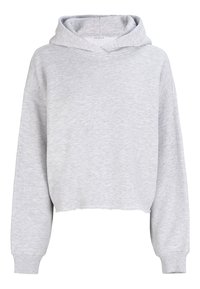 Haut en molleton gris clair avec une texture douce, présentant une capuche à cordons, des épaules tombantes et des poignets côtelés. Les bords ont une finition brute.