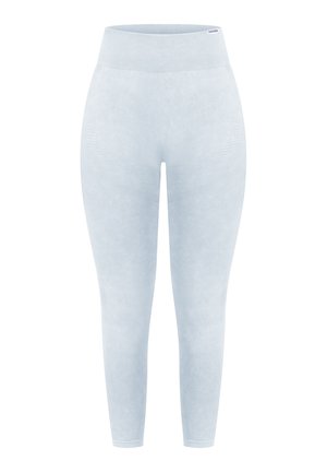 Leggings azzurri chiari realizzati in un morbido tessuto elastico. Presentano un alto punto vita e una superficie liscia con linee di design sottili.