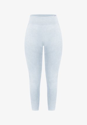 Lichtblauwe leggings gemaakt van zachte, rekbare stof. Beschikt over een hoge tailleband en een gladde textuur met subtiele ontwerplijnen.