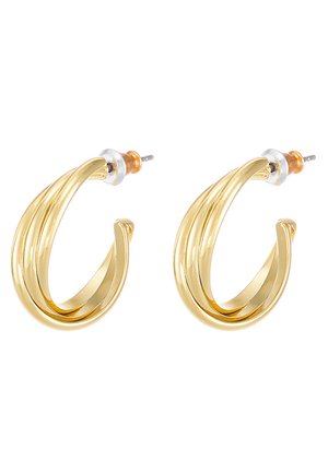 Gold-tone hoop earrings featuring a twisted design with a shiny, smooth finish and a post-back closure. No additional decorative accents.
