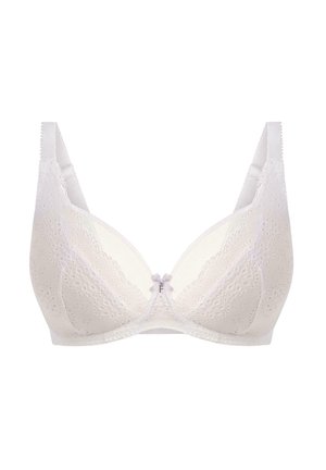White lace bra with a smooth fabric, floral eyelet pattern, molded cups, adjustable straps, and a decorative bow at the center.