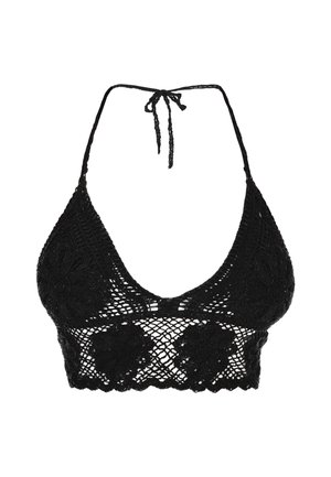 Bralette nera all'uncinetto con motivo floreale, scollatura a V profonda, laccetto al collo, bordo smerlato. Leggero, texture trasparente.