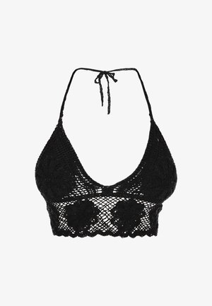Schwarzes Häkel-Bralette mit Blumenmuster, tiefem V-Ausschnitt, zum Binden im Nacken, gewellten Kanten. Leicht und transparent.