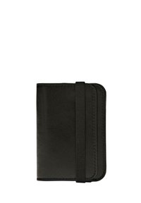 Black leather wallet with a textured surface, featuring a secure elastic strap and rounded edges. Compact design for easy portability.