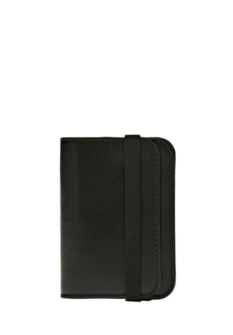 Black leather wallet with a textured surface, featuring a secure elastic strap and rounded edges. Compact design for easy portability.