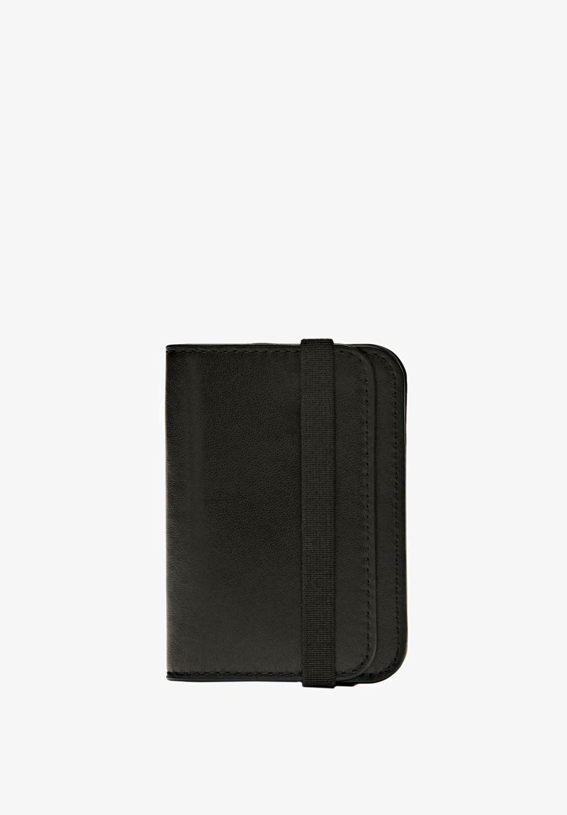 Black leather wallet with a textured surface, featuring a secure elastic strap and rounded edges. Compact design for easy portability.