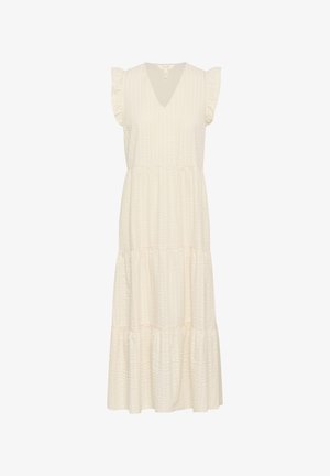 Witte gelaagde jurk met ruches aan de mouwen, v-hals, textuurstof en drie duidelijke lagen, waardoor een vloeiende silhouet ontstaat.